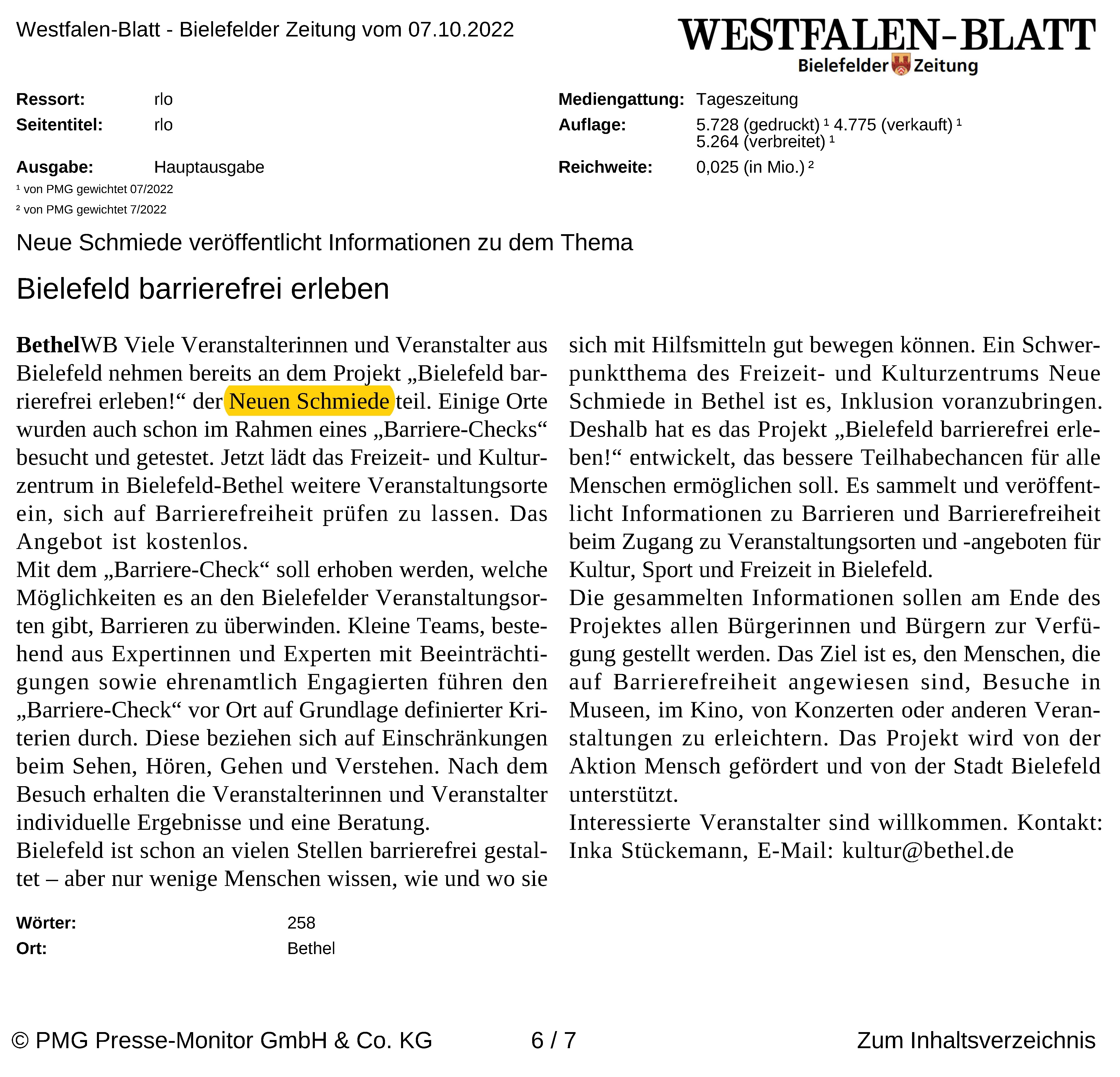 Pressebericht im Westfalen-Blatt, Oktober 2022